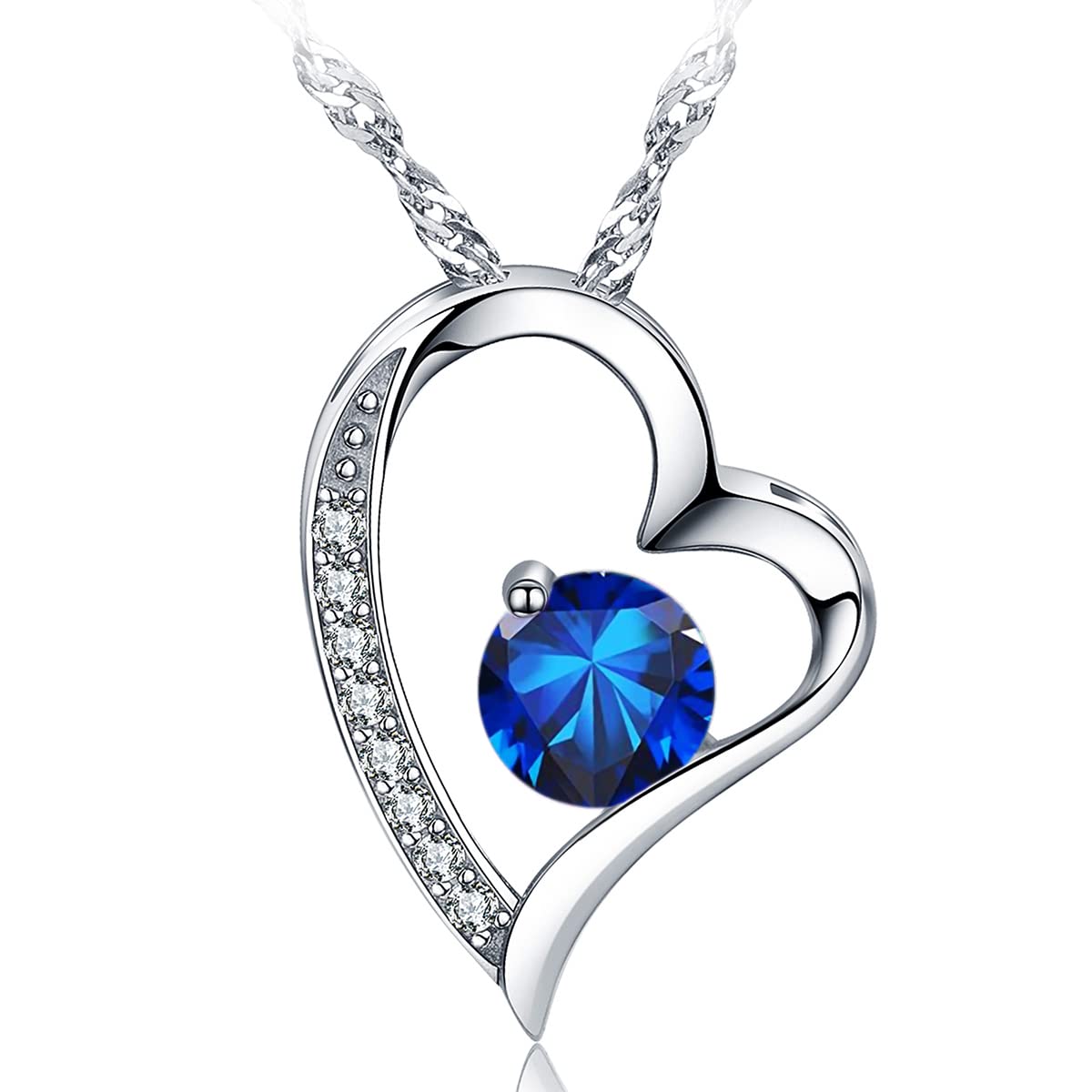 Emma Manor EM Love Heart Pendant Necklace for Women 14k White Gold Plated 5A Birthstone Jewelry Gift for Mom Girl (Forever Love-09-Sept)