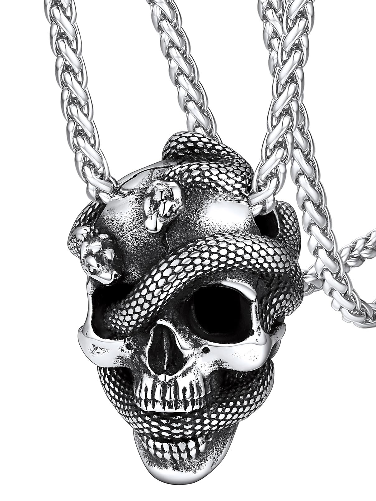 FaithHeart Skull Necklace for Men Solid Stainless Steel Snake Pendant Gothic Pirate Jewelry Cool Chains for Male with Gift Box