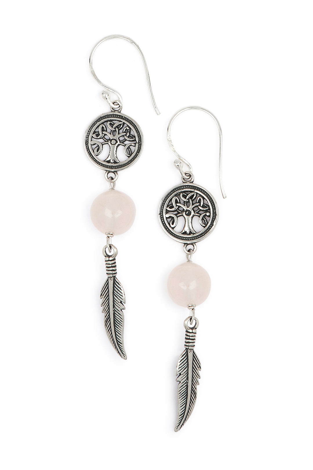 Rose Quartz Tree of Life Silver Feather Earrings