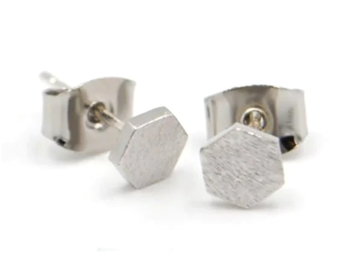 Hex Stud Earrings, Silver
