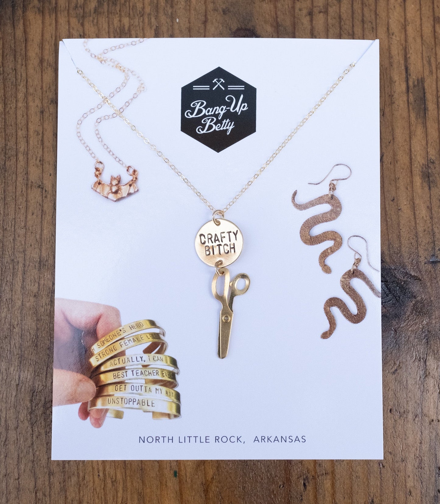 crafty bitch necklace with gold scissors