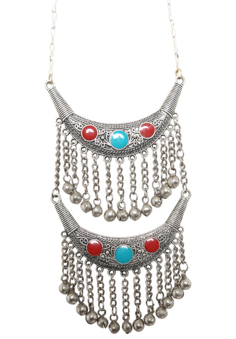 Necklace Double Moon Pendant With Bells German Silver - Ishka