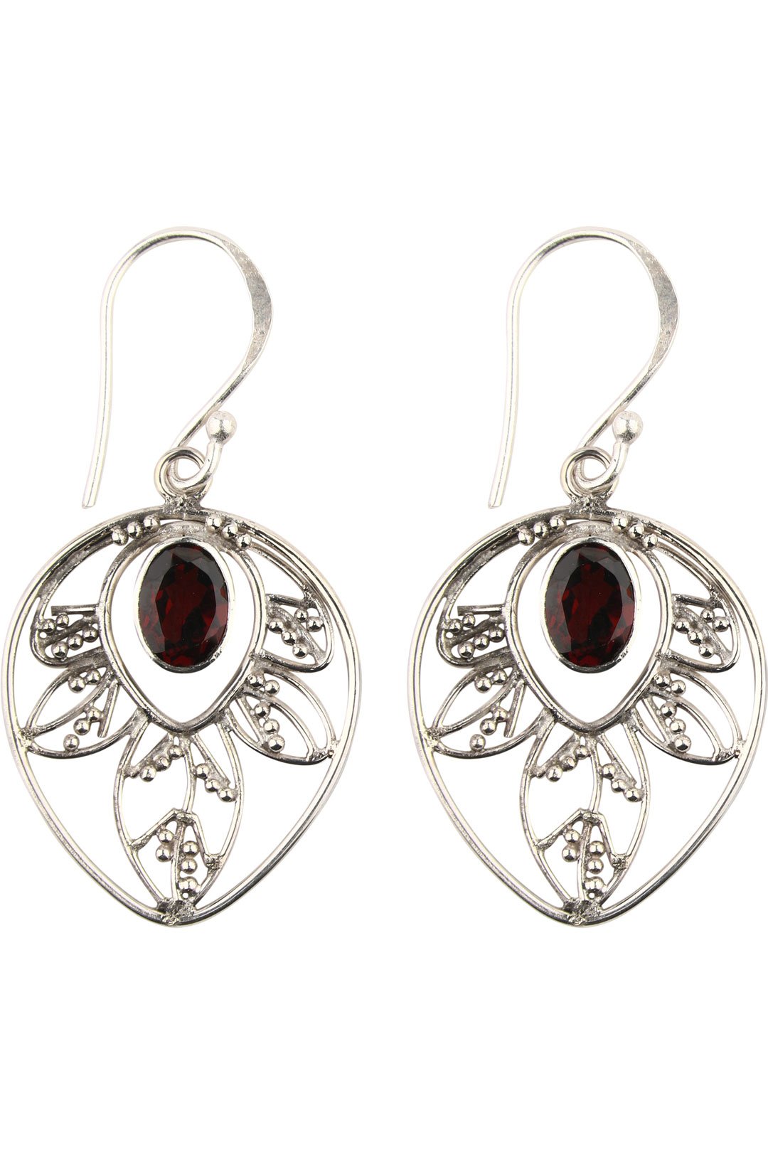 Garnet Leaf Silver Earrings
