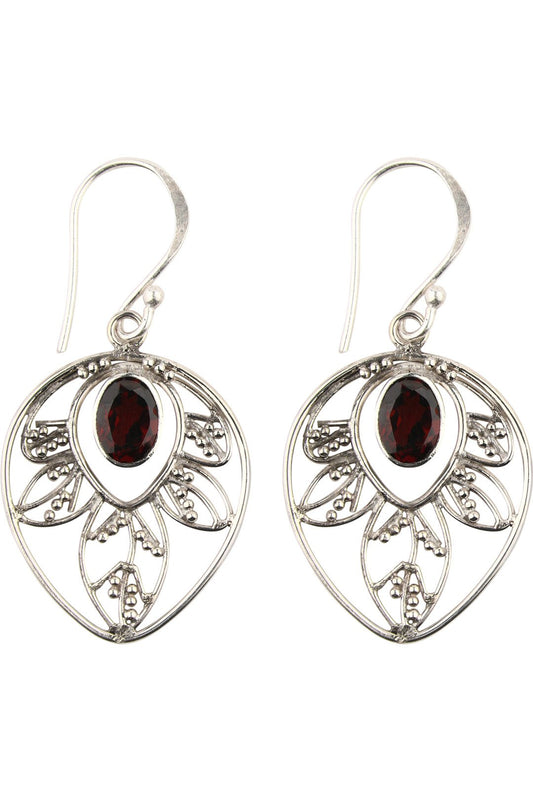 Garnet Leaf Silver Earrings
