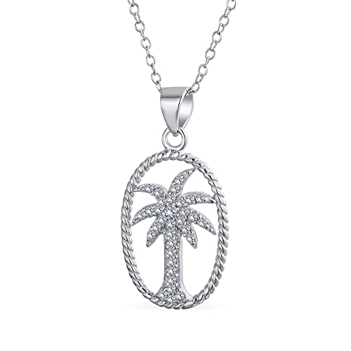 Bling Jewelry Oval Frame Nautical Pave Cubic Zirconia CZ Hawaiian Tropical Beach Vacation Palm Tree Necklace Pendant For Women .925 Sterling Silver