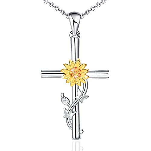 Distance Cross Necklace for Women 925 Sterling Silver Double Butterfly and Sunflower Pendant Necklace for Girls Mom Wife Gift for Mother's Day or Birthday