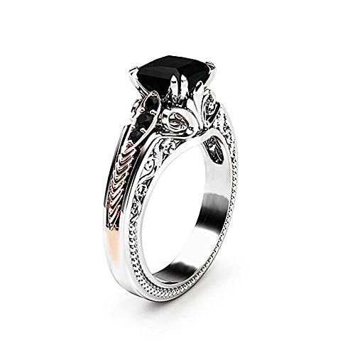 Vintage 925 Sterling Silver Black Gem Ring Cocktail Rings Square Cut Black Onyx Marcasite Cubic Zirconia Anniversary Promise Ring CZ Eternity Engagement Wedding Band Ring for Women TZ.37 (US Code 9)