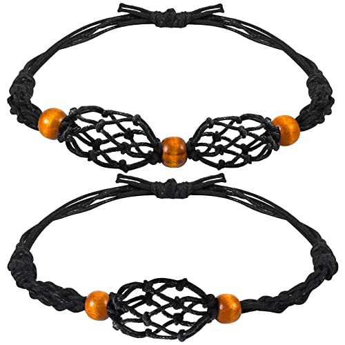 PAGOW 2Pcs Stone Cage Cord Bracelet, Black Empty Crystal Bracelet Holder, Adjustable Crystal Netted Holder for DIY Crystal Pendant Bracelet Jewelry Making（1Pcs double net + 1Pcs single net）