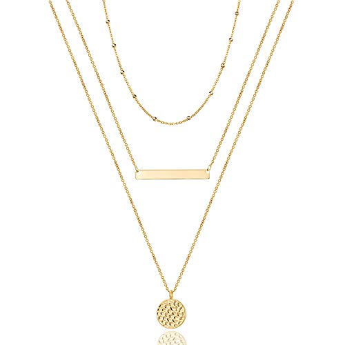Turandoss Delicate Layering Choker Bar Necklace Hammered Disc Handmade Jewelry 14k Real Gold Choker Necklace Womens Layering Necklaces for Girls