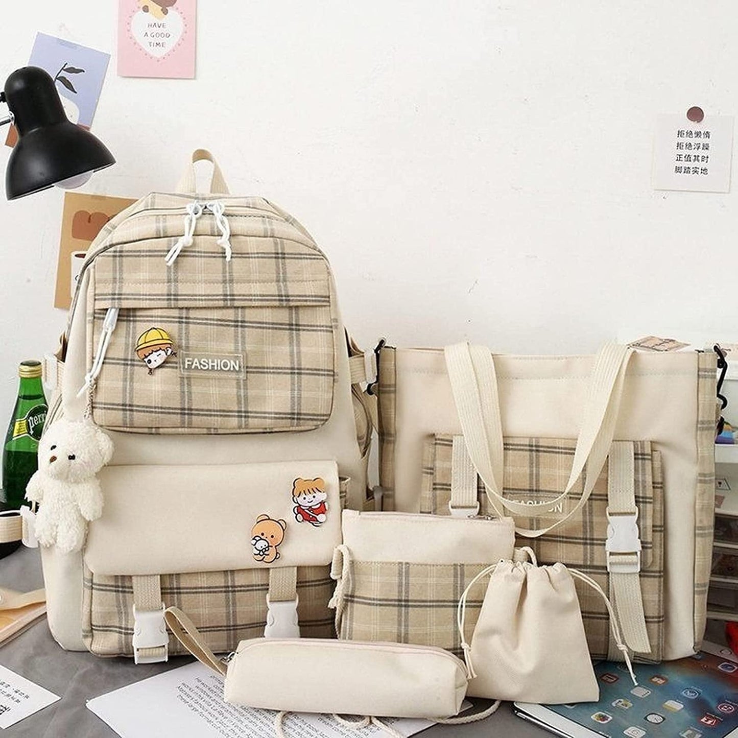 5pcs/set Girl's Kawaii Backpack Korean Style Cute Student Girls Large Capacity Schoolbag with Bear Pendant