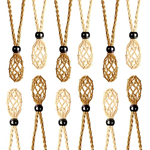 Anjiucc 12 PCS Crystal Cage Necklace Holder Necklace Cord Empty Stone Holder Pendant Stone Holder Replacement Hand-Woven Necklace Cord with Adjustable Length（Coffee + Khaki）