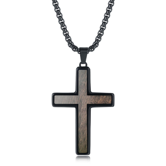 Ropartman Wood Cross Necklace for Men, Hand Inlaid Real Ebony Black Stainless Steel Christian Wooden Crucifix Pendant for Boys, Free Necklace 24" Box Chain (Black)