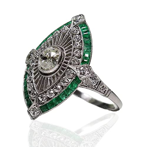 Vintage 925 Sterling Silver Emerald Ring Cocktail Rings Oval Cut Green Gem Cubic Zirconia Anniversary Promise Ring CZ Eternity Engagement Wedding Band Ring for Women TZ.83 (US Code 9)