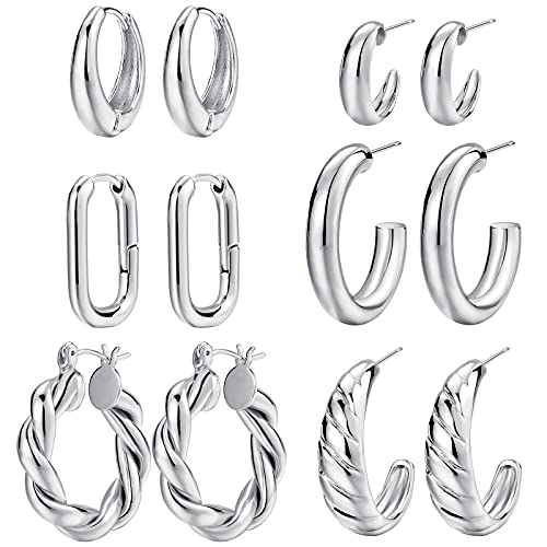 Gold Hoop Earrings Set for Women, 14K Gold Plated Lightweight Hypoallergenic Chunky Open Hoops Set for Gift (Silver)