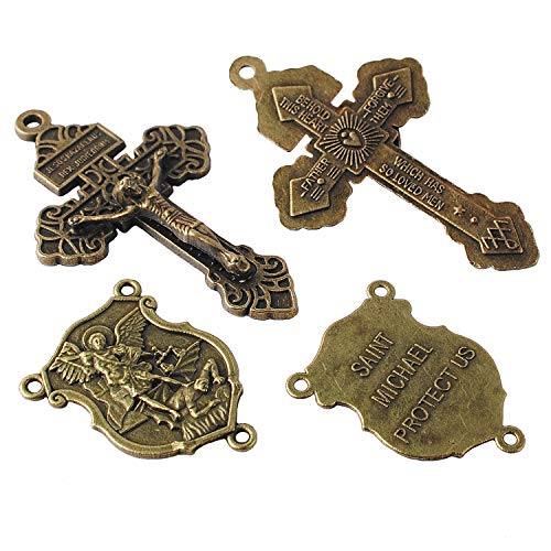Luomu 4 Sets of Saint Michael Centerpiece and Pardon Crucifix for DIY Making Rosary (Anti-Bronze)