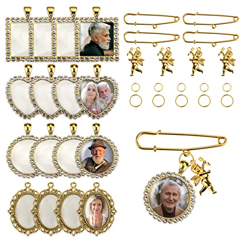 50PCS Wedding Bouquet DIY Photo Charm Rhinestone Pin Brooch Making Kit Memorial Picture Charm with Clear Glass Cabochons Cupid Pendant Jump Rings for Craft Jewelry Making