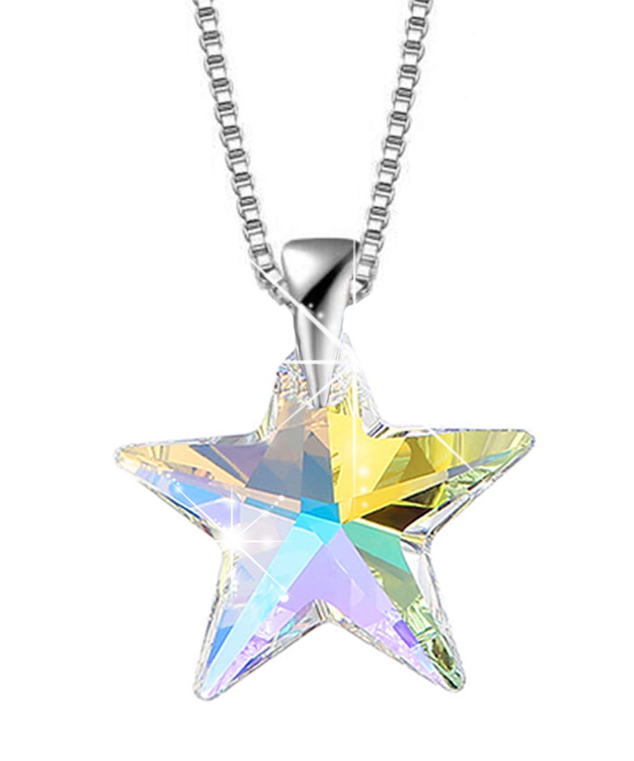 H ermosa 925 Sterling Silver Necklace for Women Aurora Borealis Crystal Star Pendant Necklace with Austria Crystal Jewelry for Girls Mom (Aurore Boreale Crystal Necklace for Star)