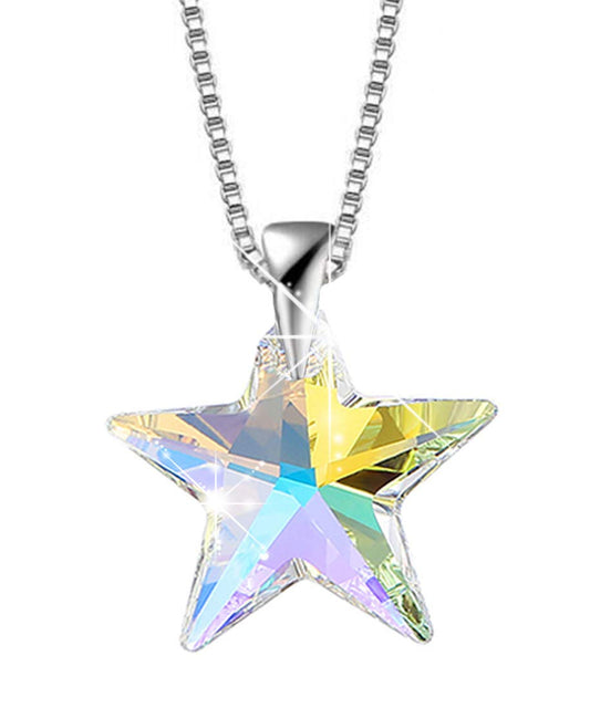 H ermosa 925 Sterling Silver Necklace for Women Aurora Borealis Crystal Star Pendant Necklace with Austria Crystal Jewelry for Girls Mom (Aurore Boreale Crystal Necklace for Star)