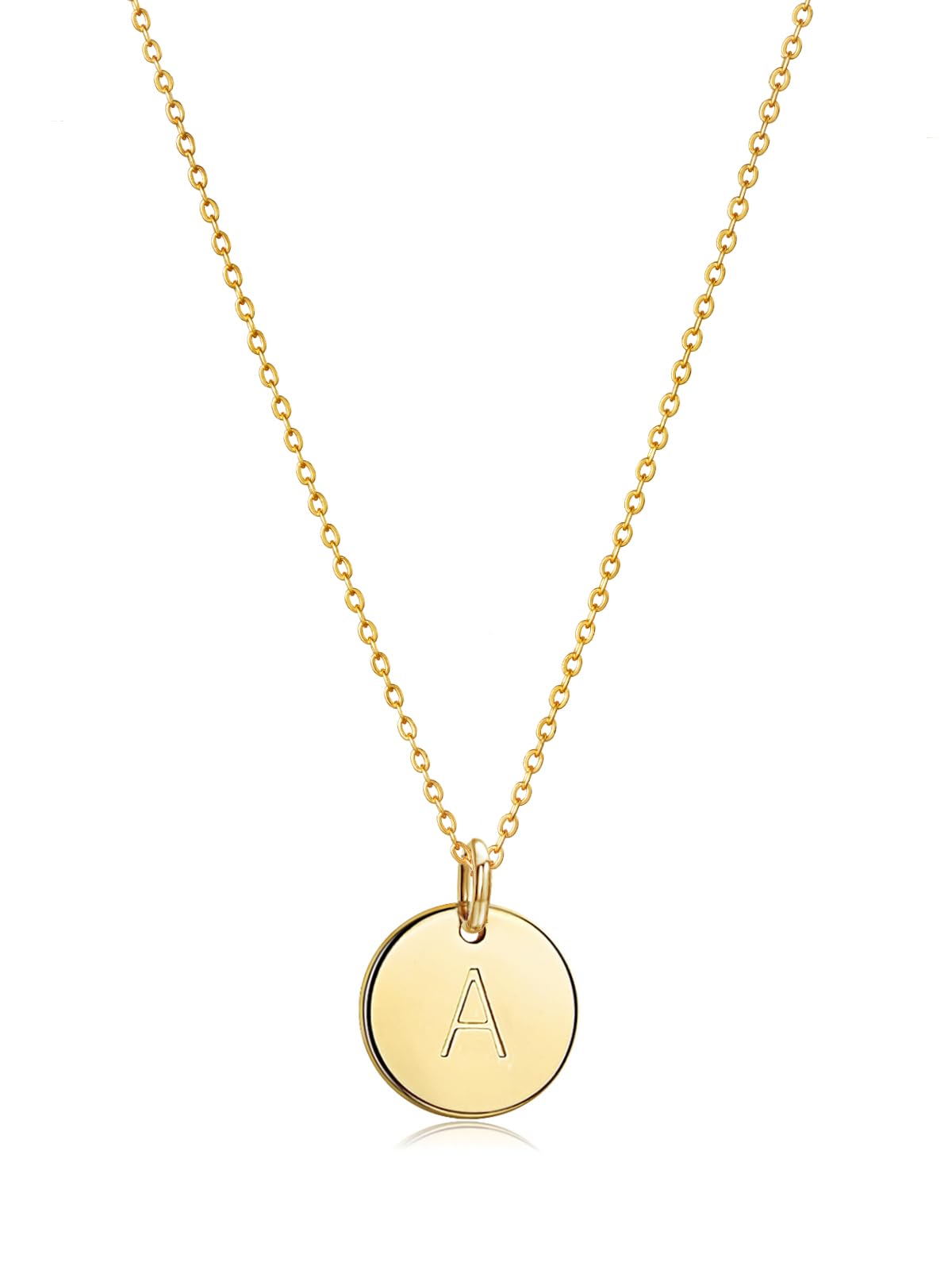 Bemoly Initial Necklace for Women Round 11MM Coin Disc Double Side Engraved Letter A Hammered Pendant 14K Gold Plated Personalized Alphabet Birthday Jewelry 17.5"