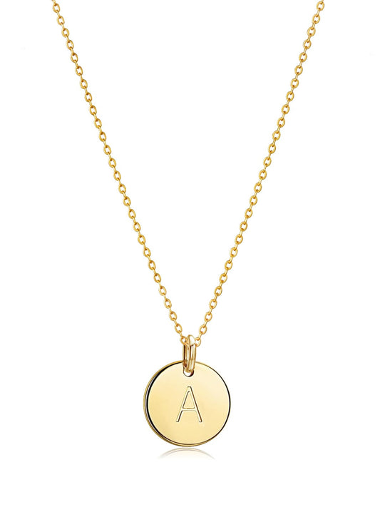 Bemoly Initial Necklace for Women Round 11MM Coin Disc Double Side Engraved Letter A Hammered Pendant 14K Gold Plated Personalized Alphabet Birthday Jewelry 17.5"