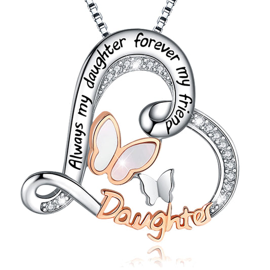ASLBUNM Daughter Necklace 925 Sterling Silver Butterfly Mother Daughter Jewelry Always My Daughter Forever My Friend Love Heart Pendant Necklaces Graduation Birthday Gifts for Daughter