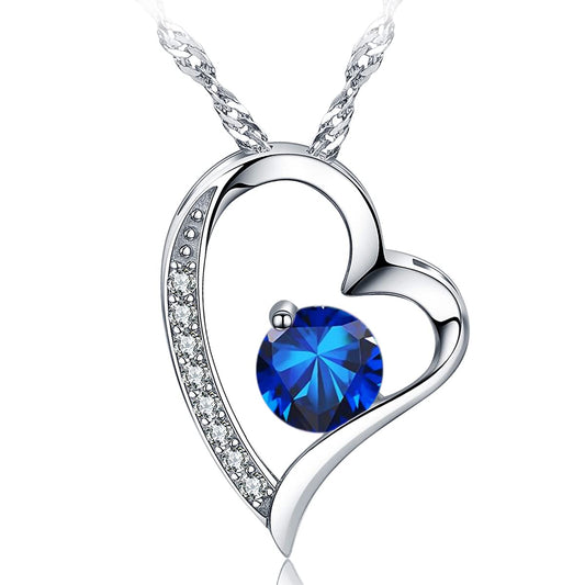 Emma Manor EM Love Heart Pendant Necklace for Women 14k White Gold Plated 5A Birthstone Jewelry Gift for Mom Girl (Forever Love-09-Sept)
