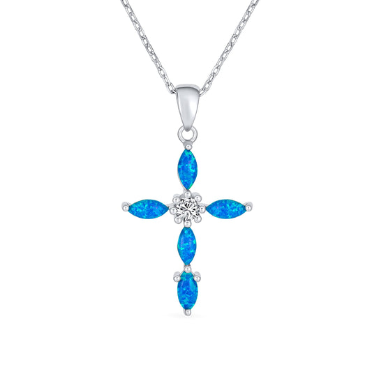 Bling Jewelry Religious Vintage Style Faith Hope Love CZ Accent Gemstone Created Blue Opal Cross Pendant Necklace For Women Teen .925 Sterling Silver October Birthstone