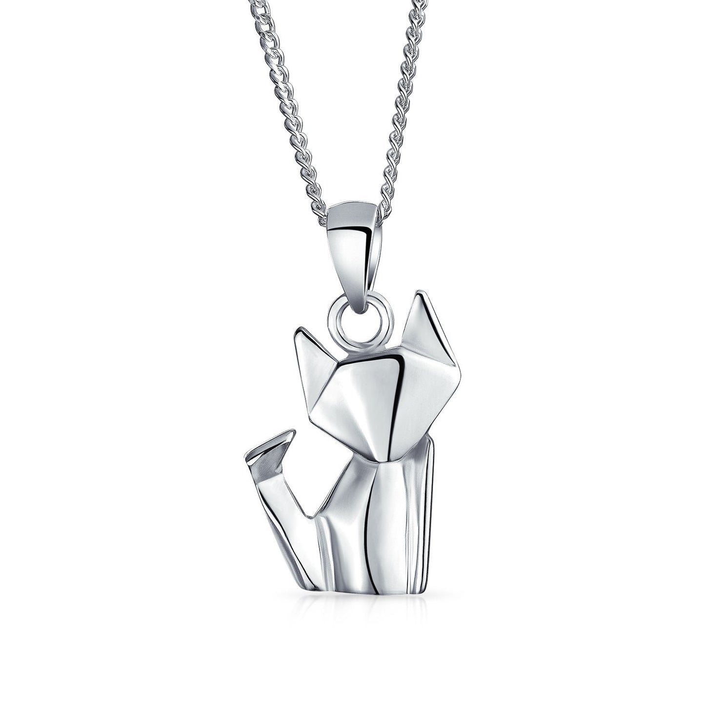 3D Geometric Origami Jewelry Animals Kitten Cat Pendant Necklace For Women Teen .925 Sterling Silver