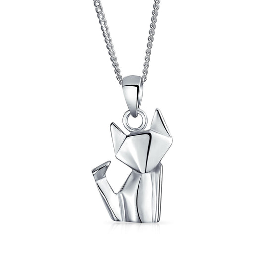 3D Geometric Origami Jewelry Animals Kitten Cat Pendant Necklace For Women Teen .925 Sterling Silver