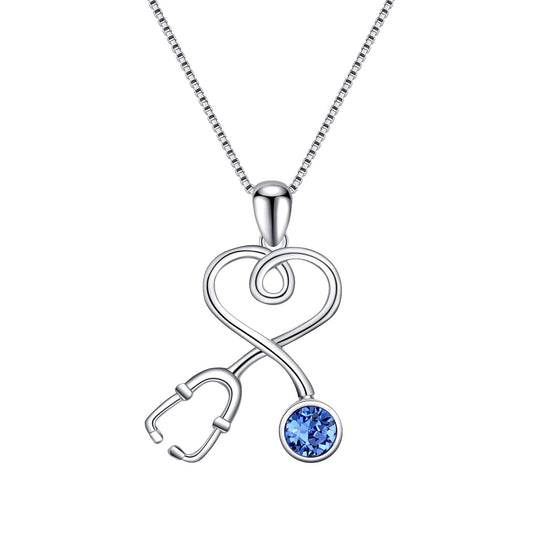 AOBOCO Sterling Silver Stethoscope Necklace with Simulated Sapphire Birthstone Austria Crystal, Doctor Nurse Gifts for Women, Medical Jewelry for Medical Student Graduation Nurse Week(Blue)