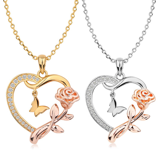 Alsanix Heart Shaped Butterfly Rose Pendant Necklace 925 Sterling Silver, Ladies Heart Necklace 14k Gold Plated, Birthday Jewelry Gift for Girls (Gold+Silver)