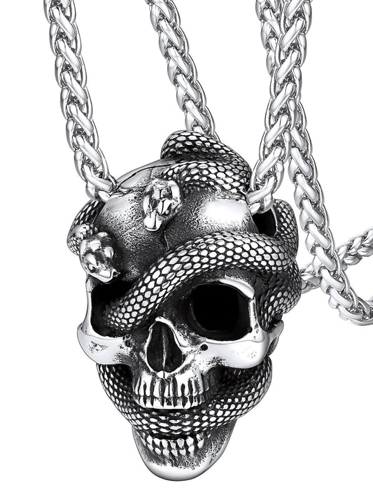 FaithHeart Skull Necklace for Men Solid Stainless Steel Snake Pendant Gothic Pirate Jewelry Cool Chains for Male with Gift Box