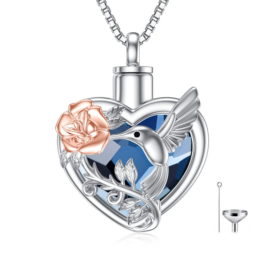 TOUPOP Hummingbird Urn Necklace for Ashes Sterling Silver with Blue Heart Crystal Cremation Jewelry w/Funnel Filler Memory Jewelry for Women Girls