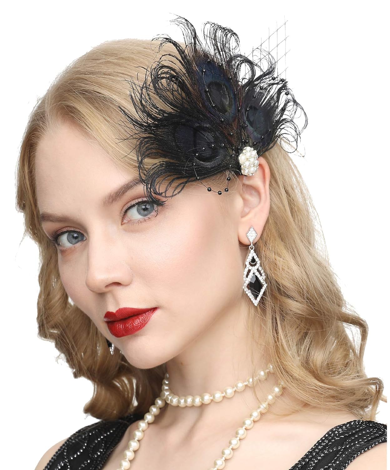 1920s Gatsby Acessories Peacock Costume Hair Clip with Feather Pearl 1920 Flapper Headpiece (A-Black)