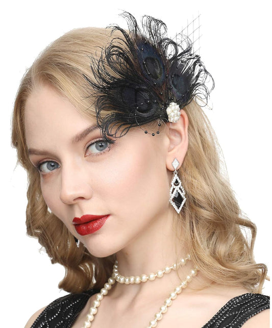1920s Gatsby Acessories Peacock Costume Hair Clip with Feather Pearl 1920 Flapper Headpiece (A-Black)