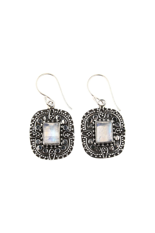 Earrings Ornate Tribal Setting Rainbow Moonstone