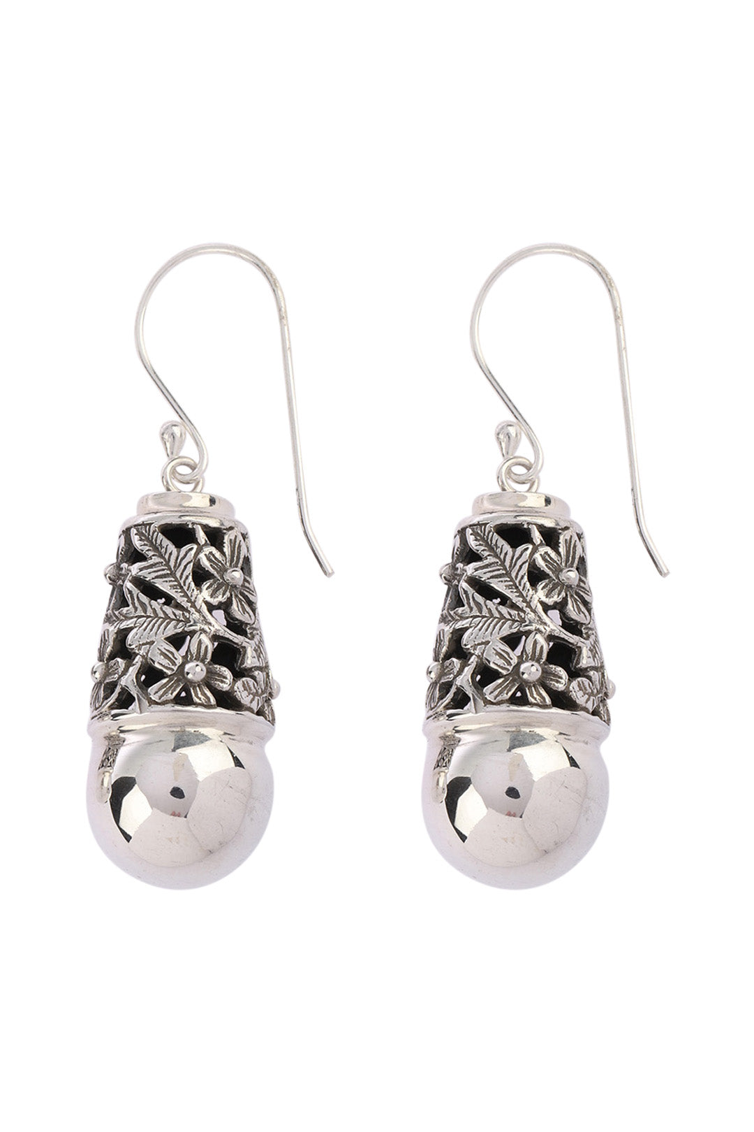 Floral Cap & Bead Silver Earrings