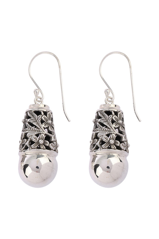Floral Cap & Bead Silver Earrings