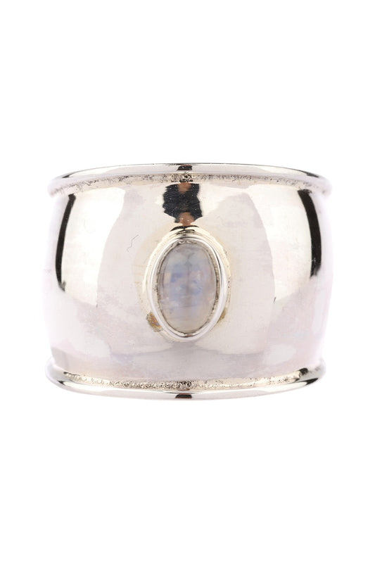 Simple Rainbow Moonstone Wide Silver Ring