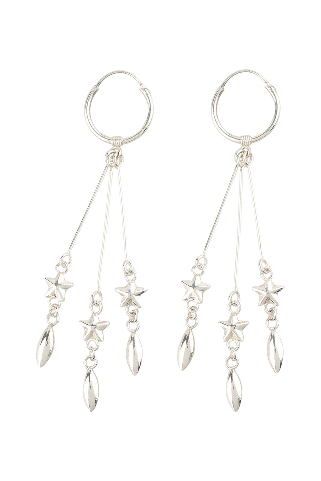 Star Droplet Sleeper Hoop Silver Earrings
