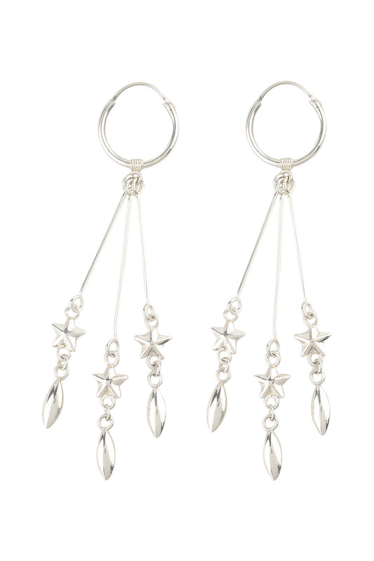 Star Droplet Sleeper Hoop Silver Earrings