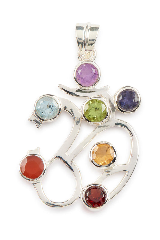 Round Chakra Gems Silver Om Pendant - Ishka