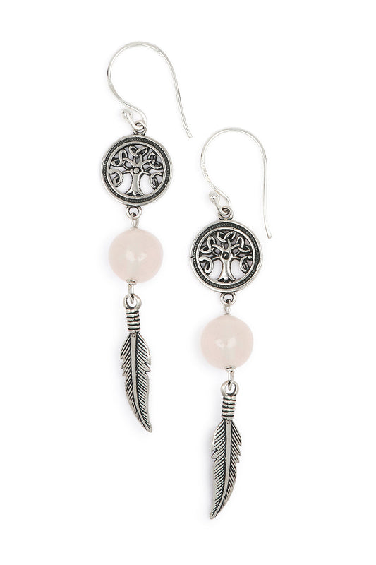 Rose Quartz Tree of Life Silver Feather Earrings