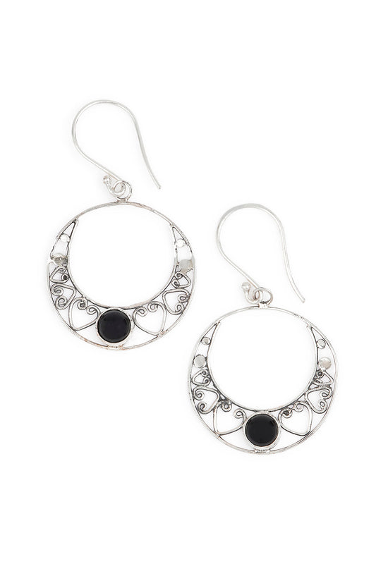 Round Onyx Open Swirl Silver Earrings