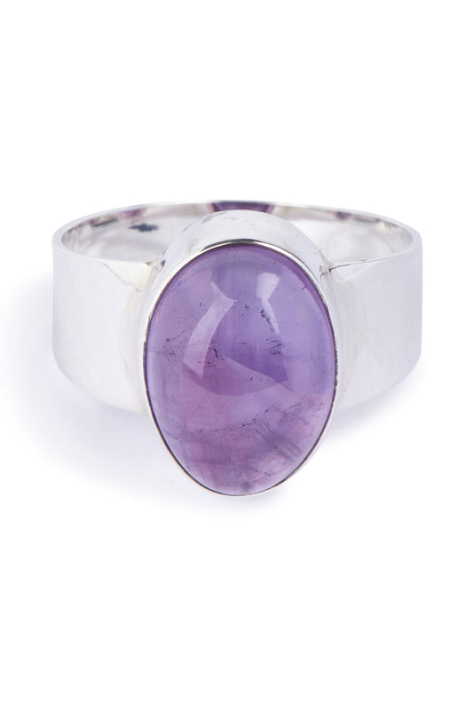Oval Amethyst Wide Band Silver Ring