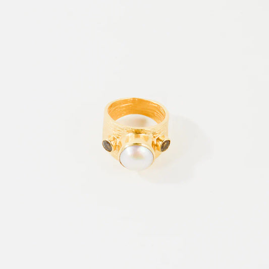 Ring-Etruscan Dome Ring-Pearl/Labradorite