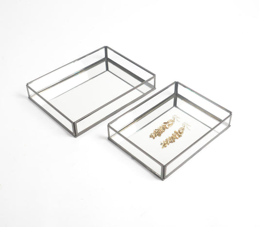 Minimal Metal & Glass Vanity Trays with Mirror Base (set of 2)