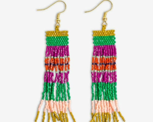 Billie Mixed Horizontal Stripes Beaded Fringe Earrigns-Rio