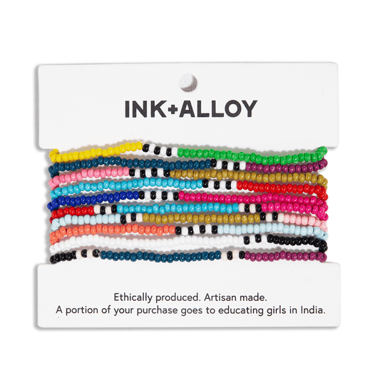 Color Block with Stripe Beaded 10 Strand Stretch Bracelets