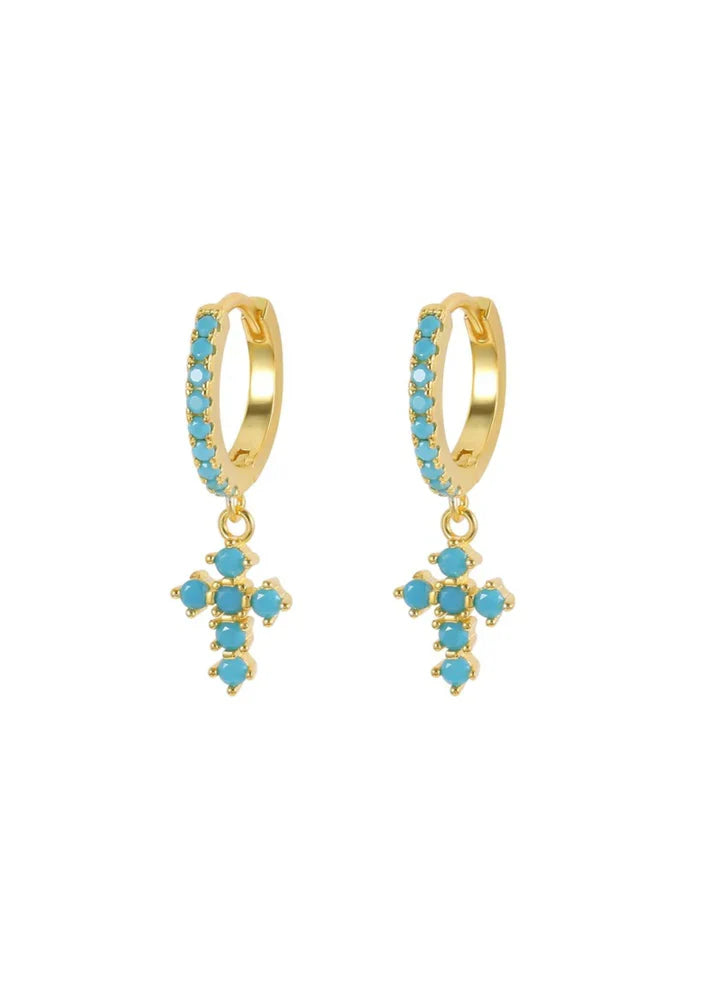 Turquoise Cross Huggies Hoops